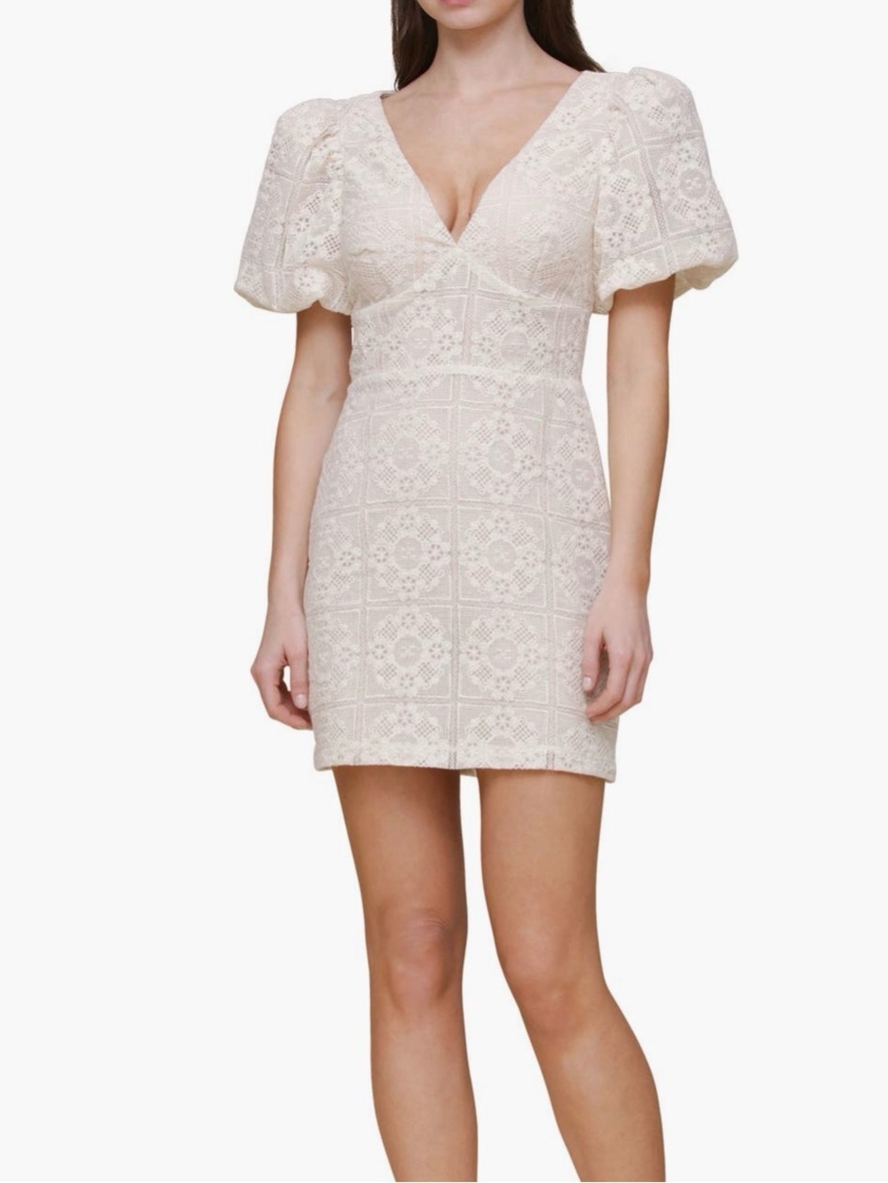 Avec Les Filles Lace Puff Sleeve V-Neck Mini Dress - Cream